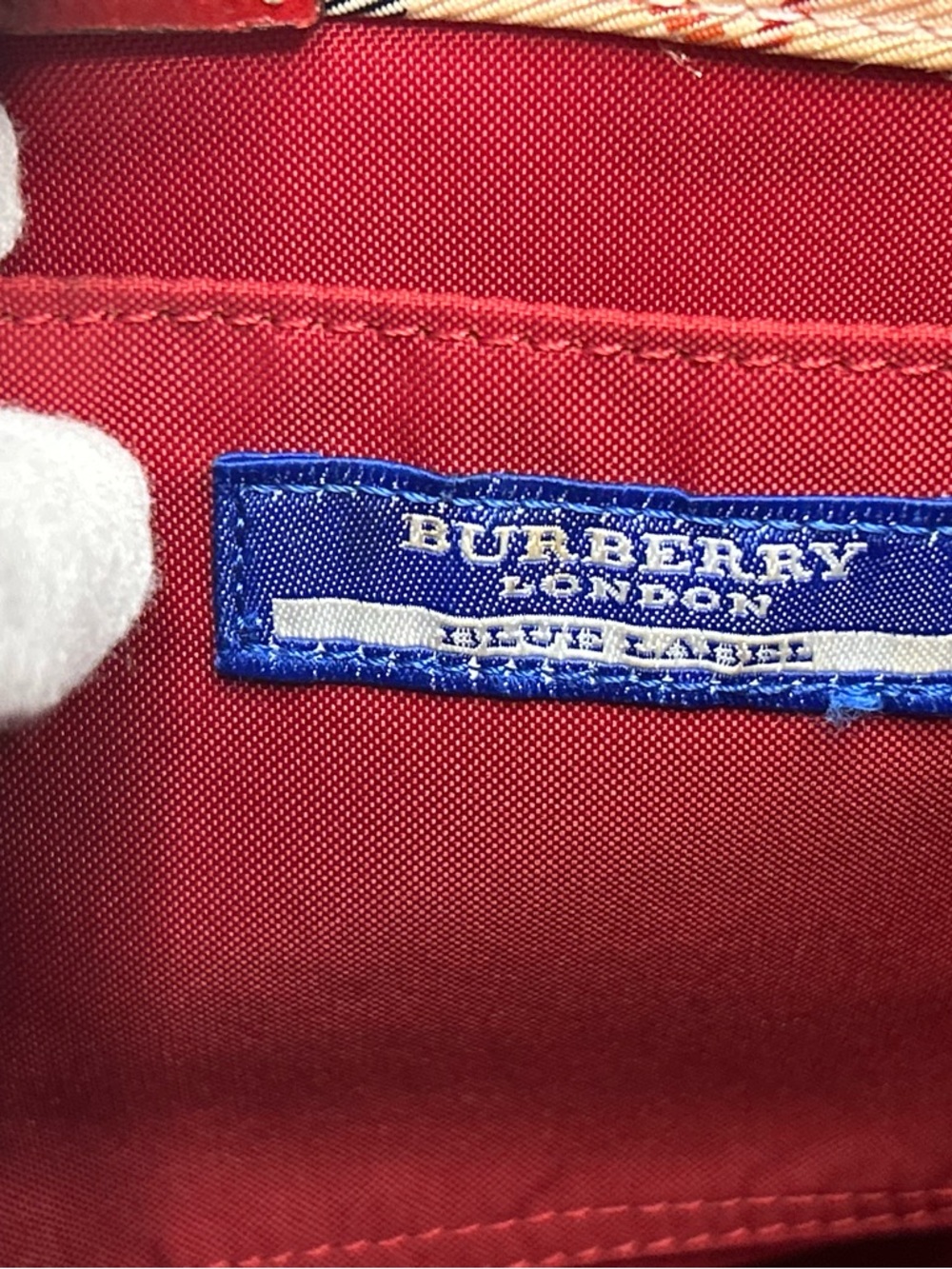 Vintage Burberry Nova Check Tote Bag Red Leather Trim Beige Plaid Shoulder Bag - Picture 9 of 13